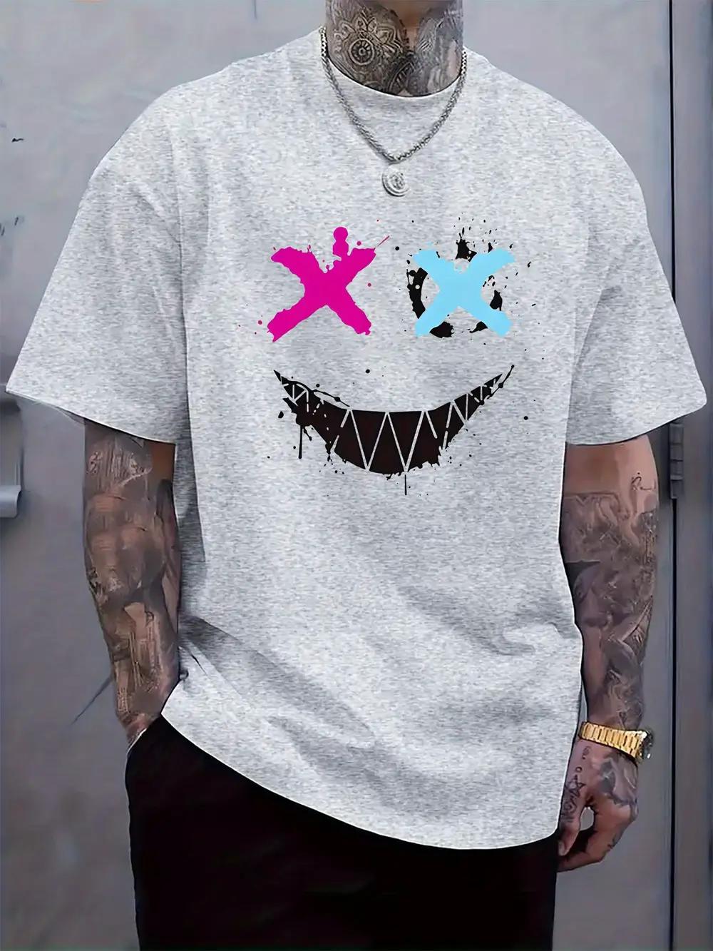 Casual Crew Neck T-shirt with Vibrant Face Print - Short Sleeve S