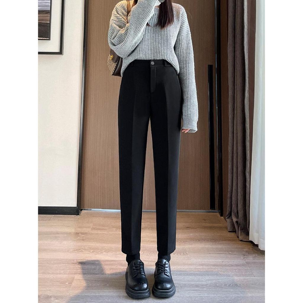 Women's Black High-Waisted Fleece-Lined Slim-Fit Suit Pants for Autumn/Winter - Casual Straight-Leg Formal Wear