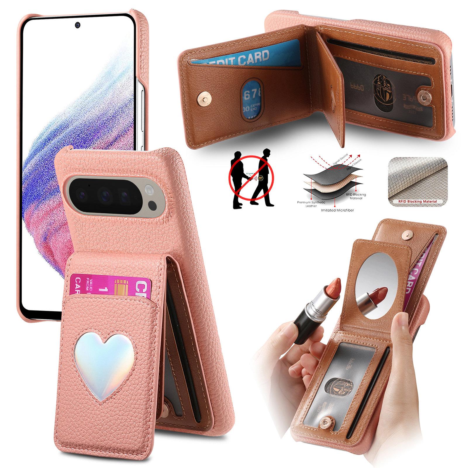 

For Google Pixel 10 Pro XL/9 Pro XL Case with Mirror Card Holder RFID Blocking Litchi Texture PU PC Phone Back Cover Pink