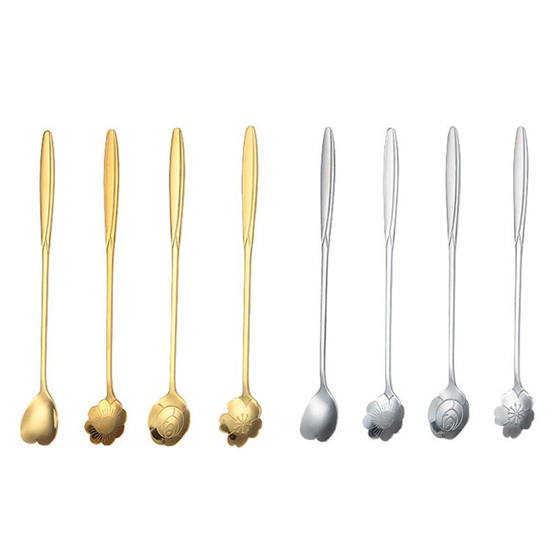 1Pc Coffee Spoon Stainless Steel Cherry Blossom Rose Spoon Creative Long Handle Gold-plated Flower Spoons Kitchen Accessories