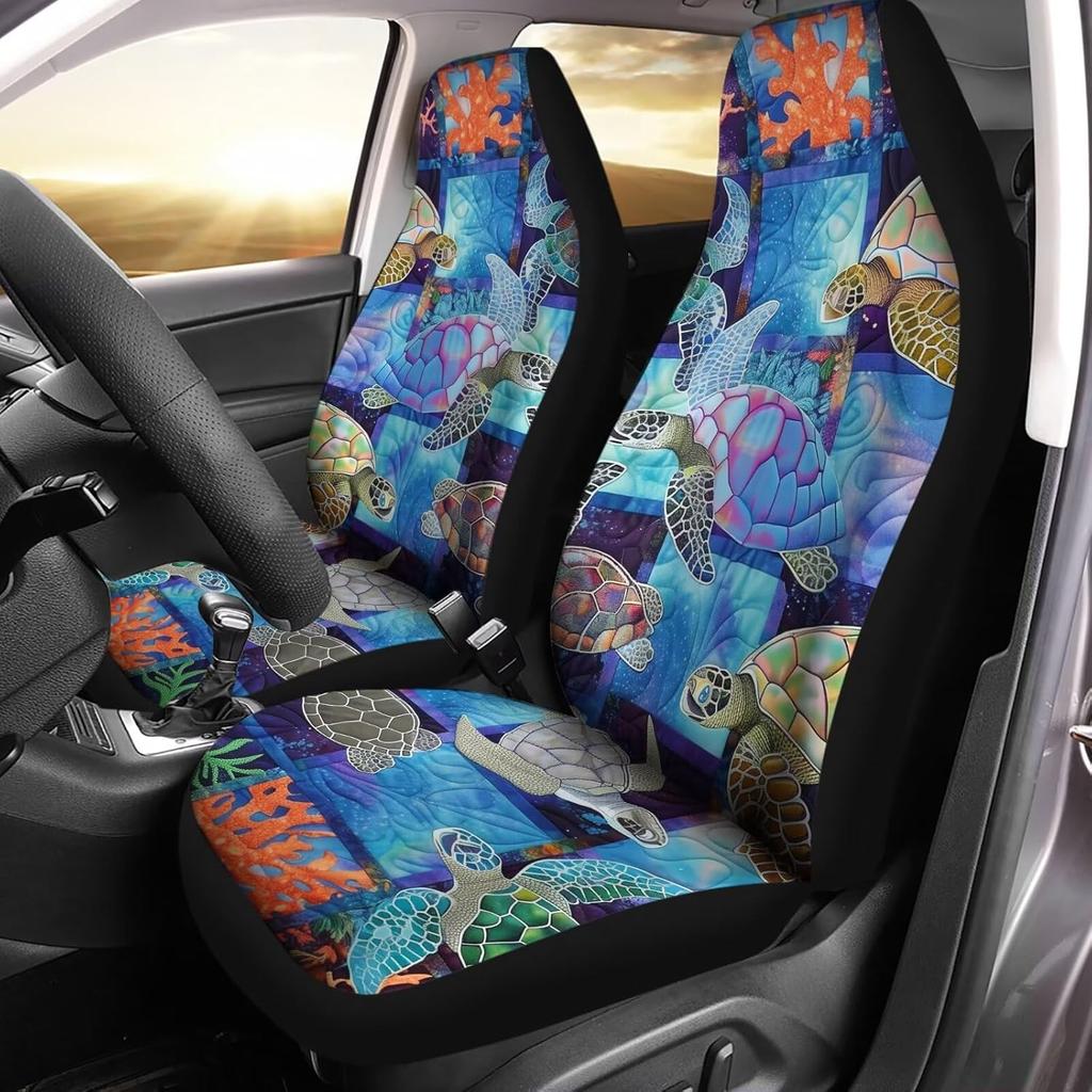 Bulopur Multicolor Polyester Universal Fit Car Truck SUV Van Automotive Seat Covers, 2pcs Front, Hibiscus Floral & Sea Turtle Print