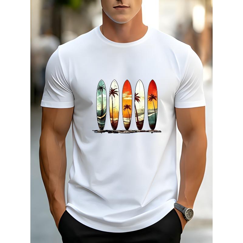 Men's Adult Casual T-Shirt with Coconut Tree and Sunset Print, Super Refreshing for Summer Wear