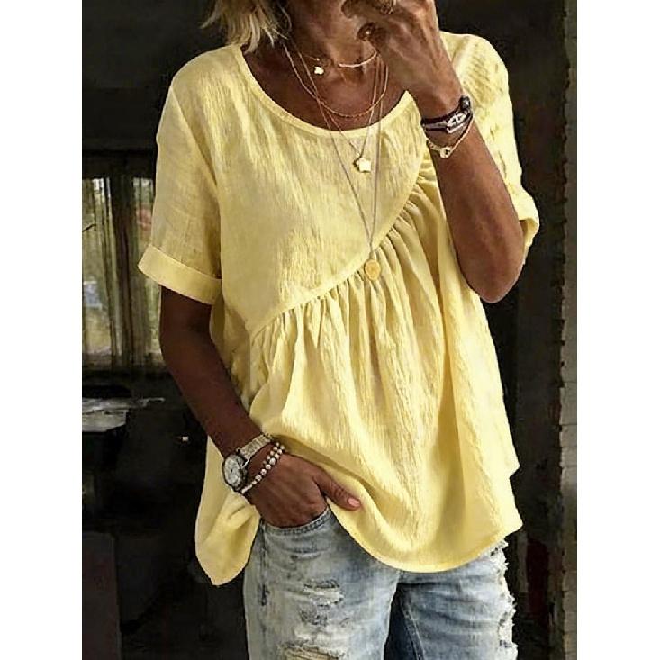 2026 New Women's Summer Solid Color Round Neck Short Sleeve Ruched Top T-Shirt