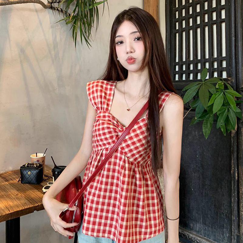 Summer 2026 Red Plaid Flutter Sleeve Square Neck Slimming Blouse for Women