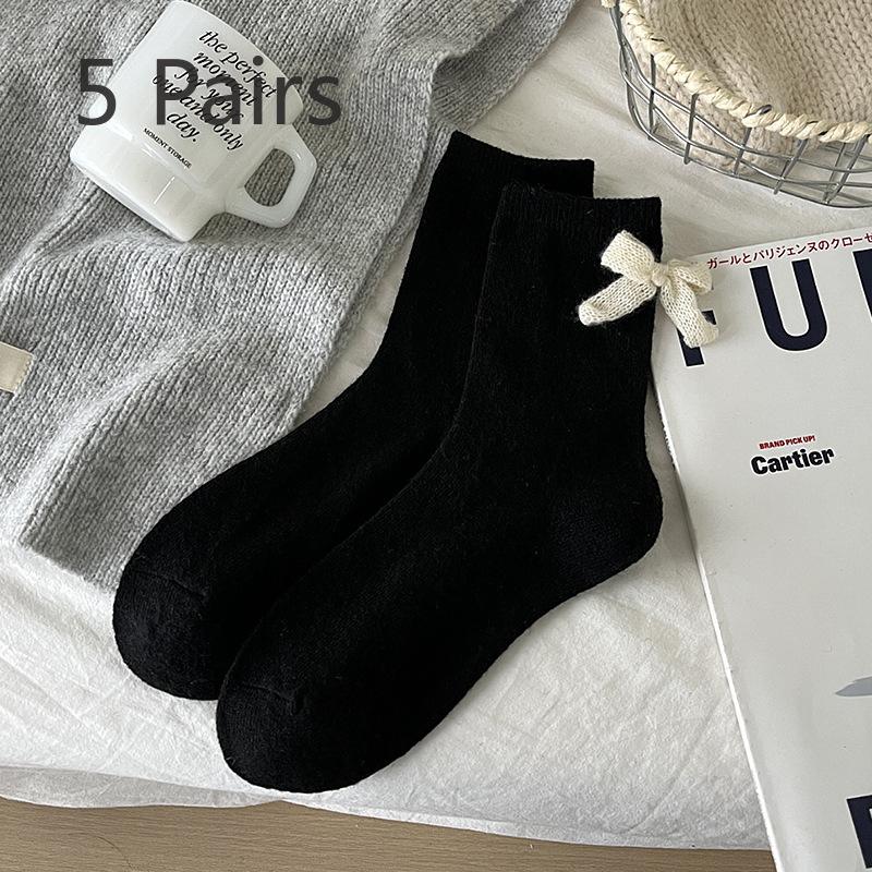 5 Pairs of Women's Autumn and Winter Sweat Absorbing and Warm Woolen Bow Mid  Top Stack Socks