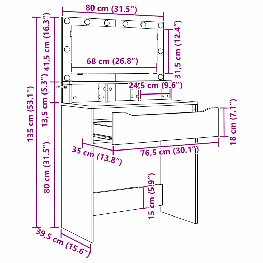 Bedroom Vanity Tables High Gloss White 80 x 39.6 x 135 cm