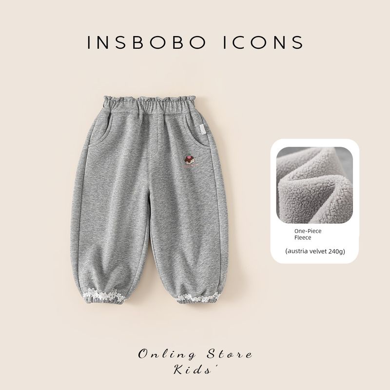 Insbobo Girls  Pants 2025 Winter New Children s Clothing Children s Pants Baby Sweatpants Autumn and Winter Clothing Fleece-Lined and Thickened Flower Gray 140