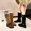 Belt buckle thick heel western cowboy boots women's 2025 new autumn and winter retro color matching boots tall knight boots