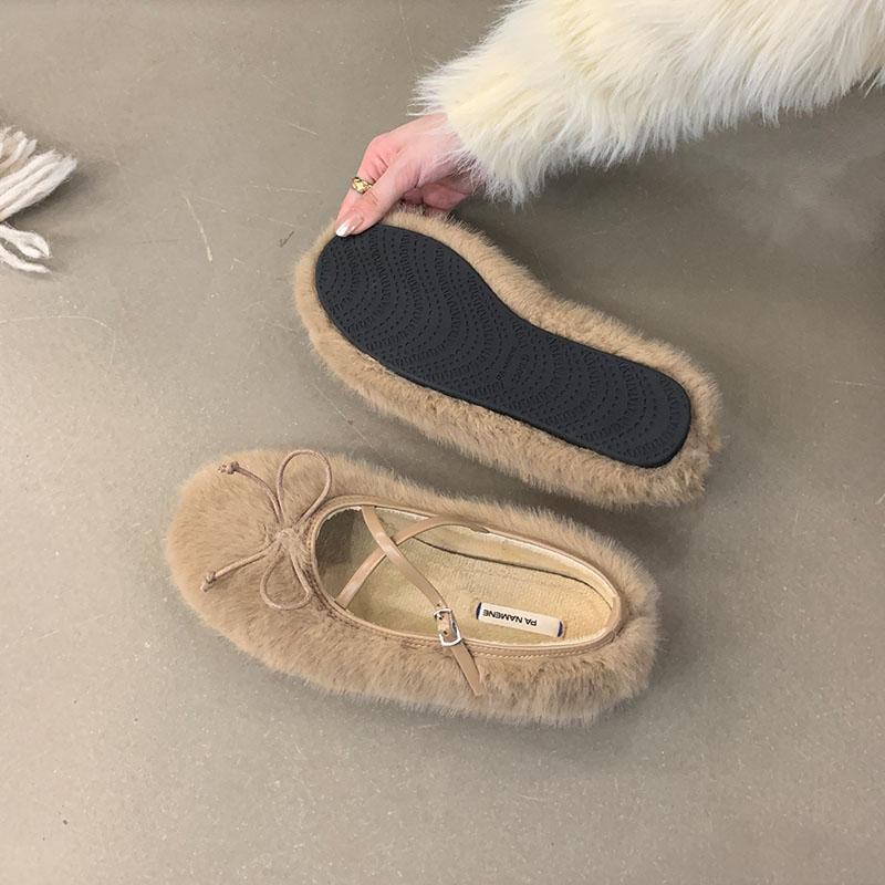 Mode Damen Schnallenriemen Damen Ballerinas Warme Schuhe Mode Flache Schuhe Schmetterlingsknoten Mary Janes Damen Ballerinas mit Fellschuhen
