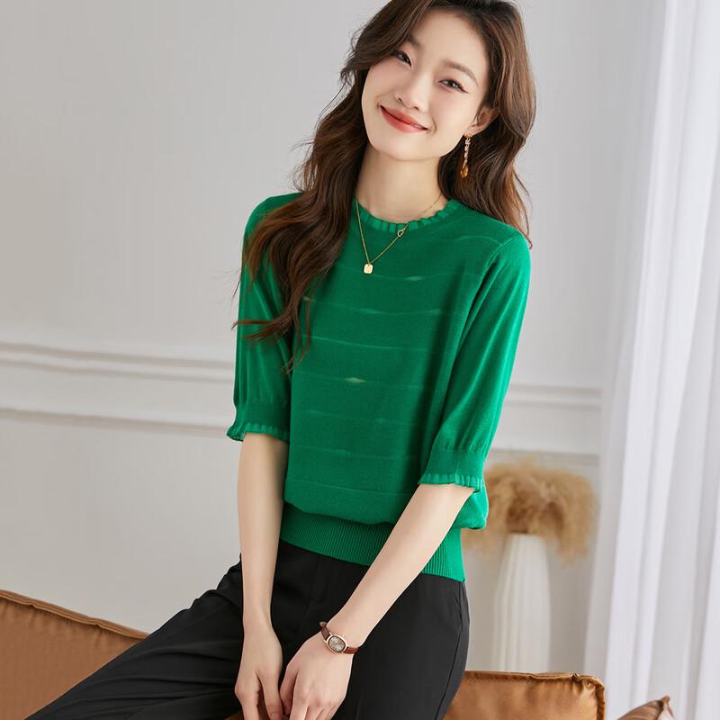 

Women s Half-Sleeve Wool Blend Lace-Trim Knit Top M