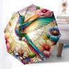 Stained Hummingbird Floral Pattern Automatic Folding Umbrella - Portable 3-Fold Design with Iron Frame, Perfect for Outdoor Use, Festive Gif
