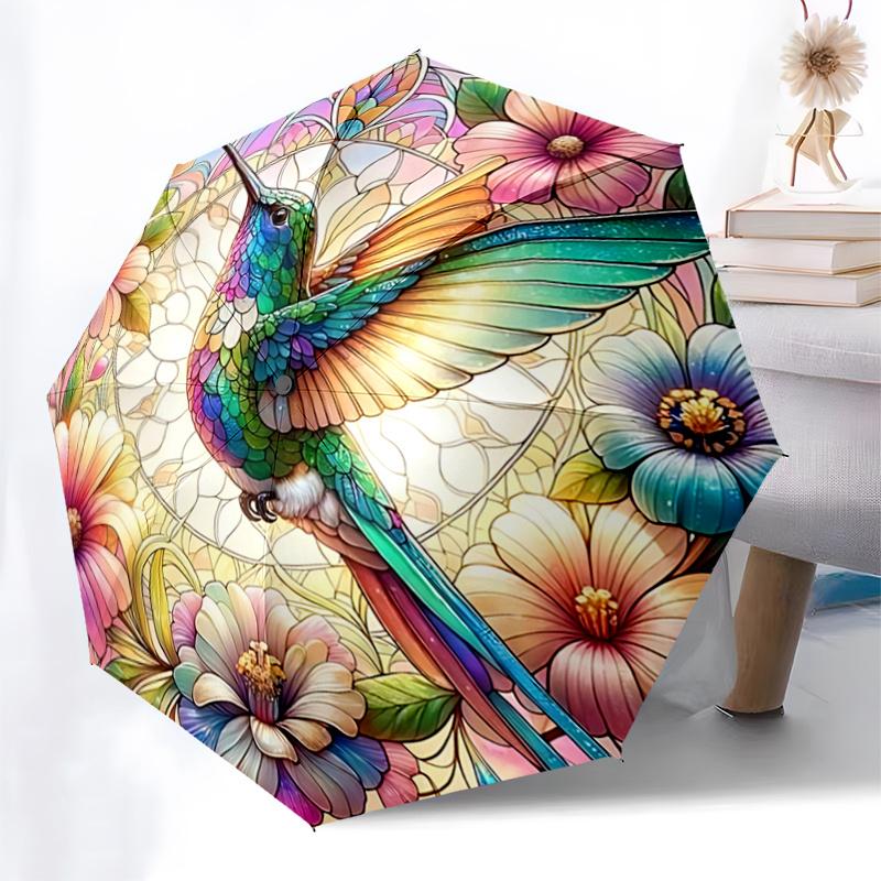 Stained Hummingbird Floral Pattern Automatic Folding Umbrella - Portable 3-Fold Design with Iron Frame, Perfect for Outdoor Use, Festive Gif