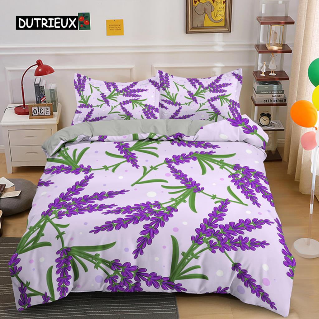 Purple Lavender King Queen Duvet Cover Fantasy Flowers Bedding Set Girls Women Beautiful Romantic Floral Polyester Quilt Cover