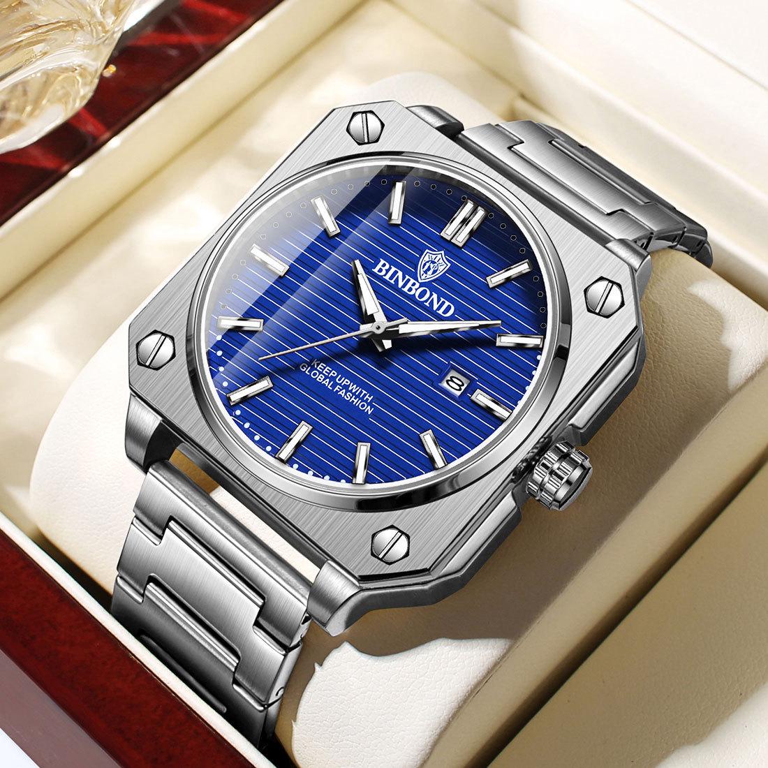 Binbang BINBOND Men s Luminous Calendar Square Watch, New Style, Three-Dimensional Fashion Design