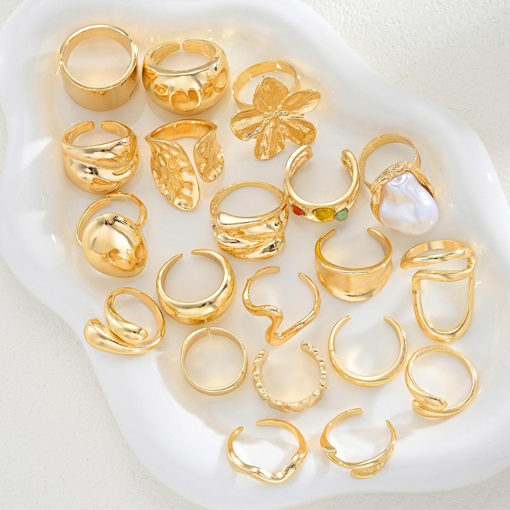 20 Pcs Fashion Flowers Geometric Irregular Line Open Ring Set For Women Gold Color Vintage Mix Style Trendy Jewelry Party Gifts