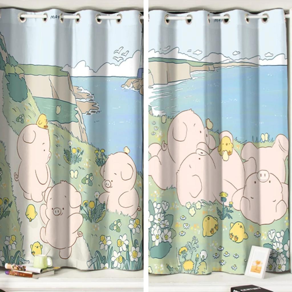 Fresh Cartoon Oil Painting Window Curtain Cute Children's Room Simple Fashion High Shading Bedroom Curtain 2 Panels New Pattern