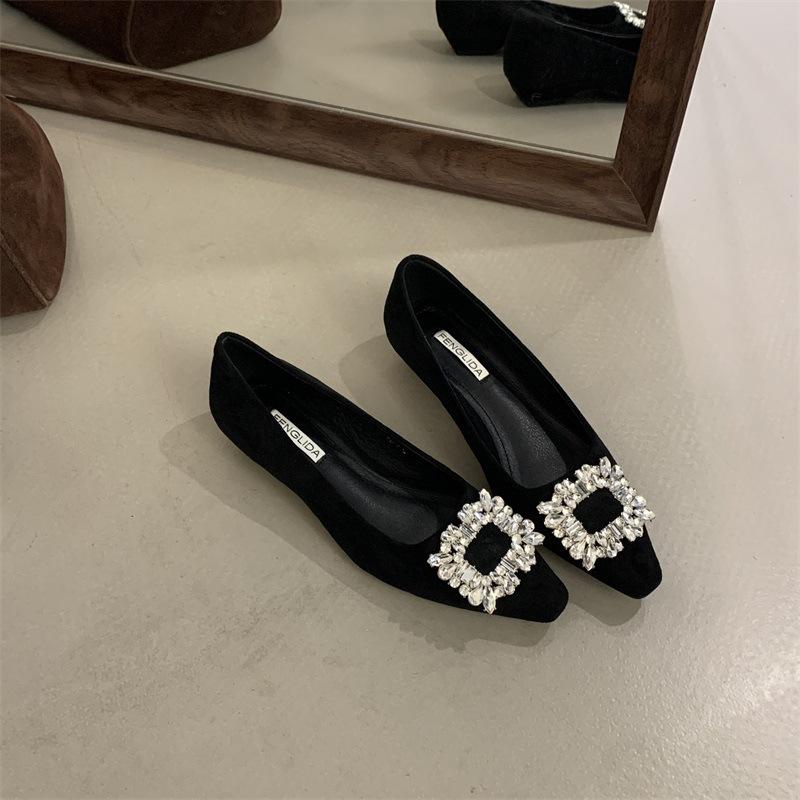 Retro Suede Rhinestone Square Buckle Flat-soled Single Shoes for Women's 2025 Spring and Autumn New French Square Head Shallow Mouth Soft-soled Doud