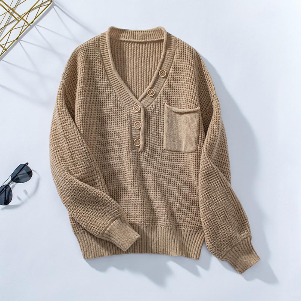 Autumn and Winter Women's Knitted Sweater Loose Pullover V-neck Button Solid Color Sweater for Women