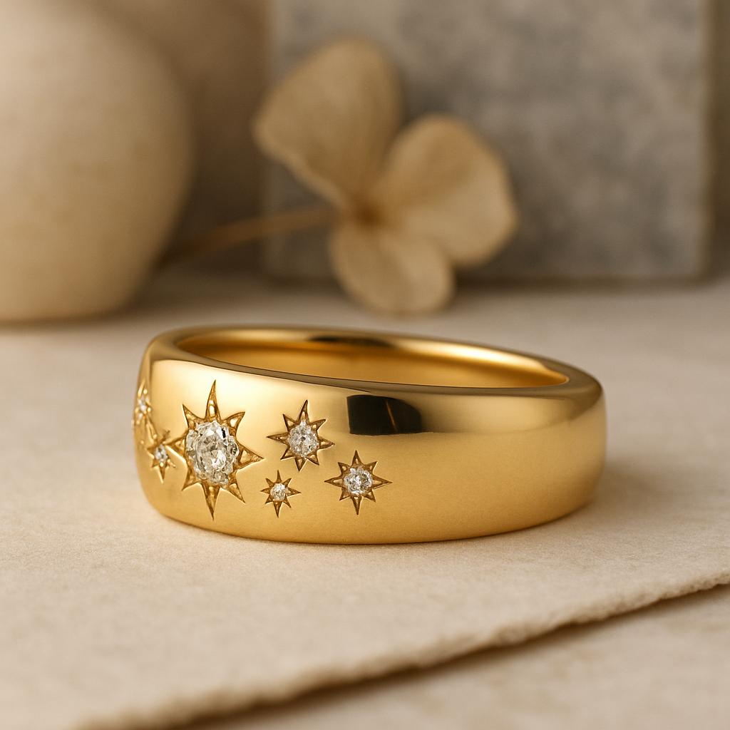 Star Burst Wide Band Ring, Yellow Gold Plated Statement Jewelry, Celestial Engraved Bridal Ring, Anniversary Gift for Her