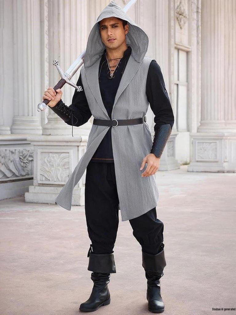 Capa con Capucha Medieval Renacentista Chaleco sin Mangas de Caballero Vikingo para Halloween o Representaciones Teatrales
