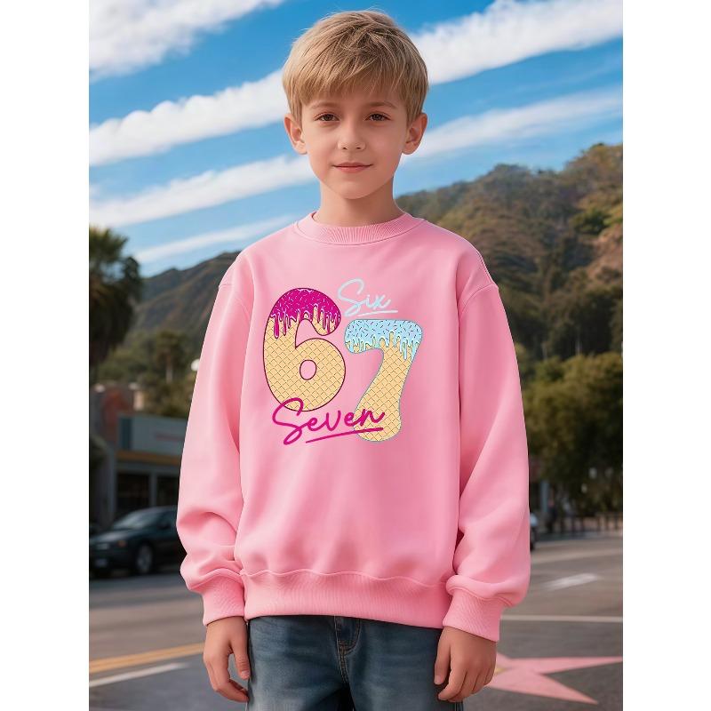 Children's clothing kids unisex Crew Neck Sweatshirt, Number Birthday Theme Sweatshirt, Fun Donut Number 67 Pattern, Unisex Holiday