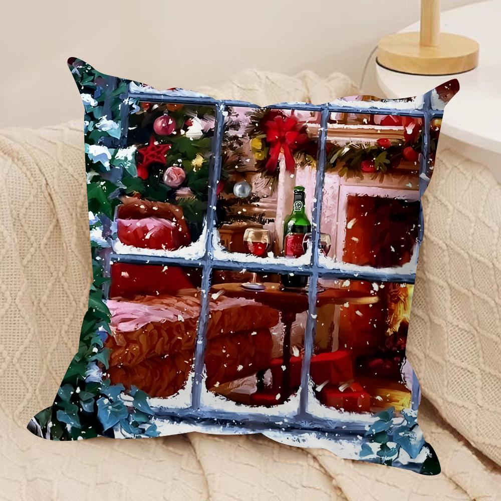 Christmas Window Snow Cushion Cover Silky Short Plush Invisible Zipper Dustproof Sofa Pillow Case For Home Decor