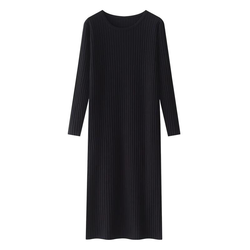 QICED Knitted Dress Women's Autumn Winter with Coat Half O-Neck Loose Long Sleeves with Black Base Mid-length Sweater Dress