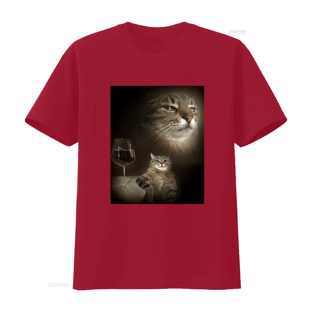 Funny Cat and Wine Art Print T Shirt for Lovers vintage Washed Comfortable streetwear fashion Soft Stretched Casual