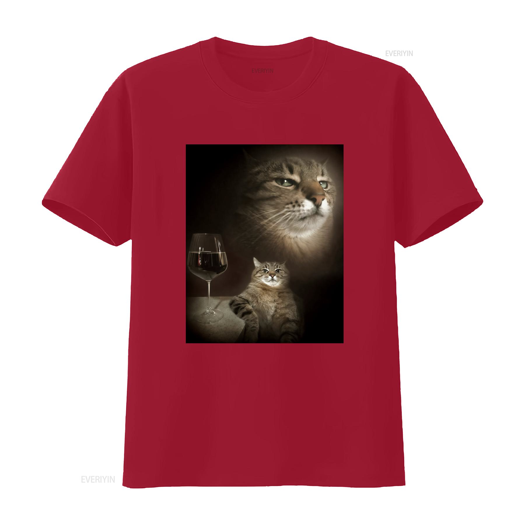 Funny Cat and Wine Art Print  T Shirt for Lovers vintage Washed Comfortable streetwear fashion Soft Stretched Casual S