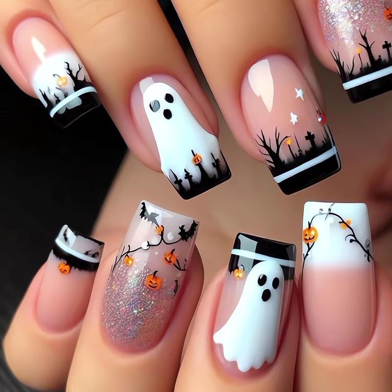 Halloween Press on Nails Medium Fake Nails Almond Shape Halloween False Nail Tips with Pumpkin Star Moon Designs Cute Stick on Nails Glossy Halloween