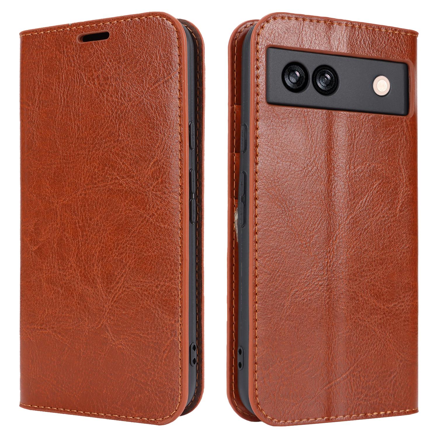 

For Google Pixel 8a Phone Wallet Case Split Leather Cover Crazy Horse Texture Light Brown