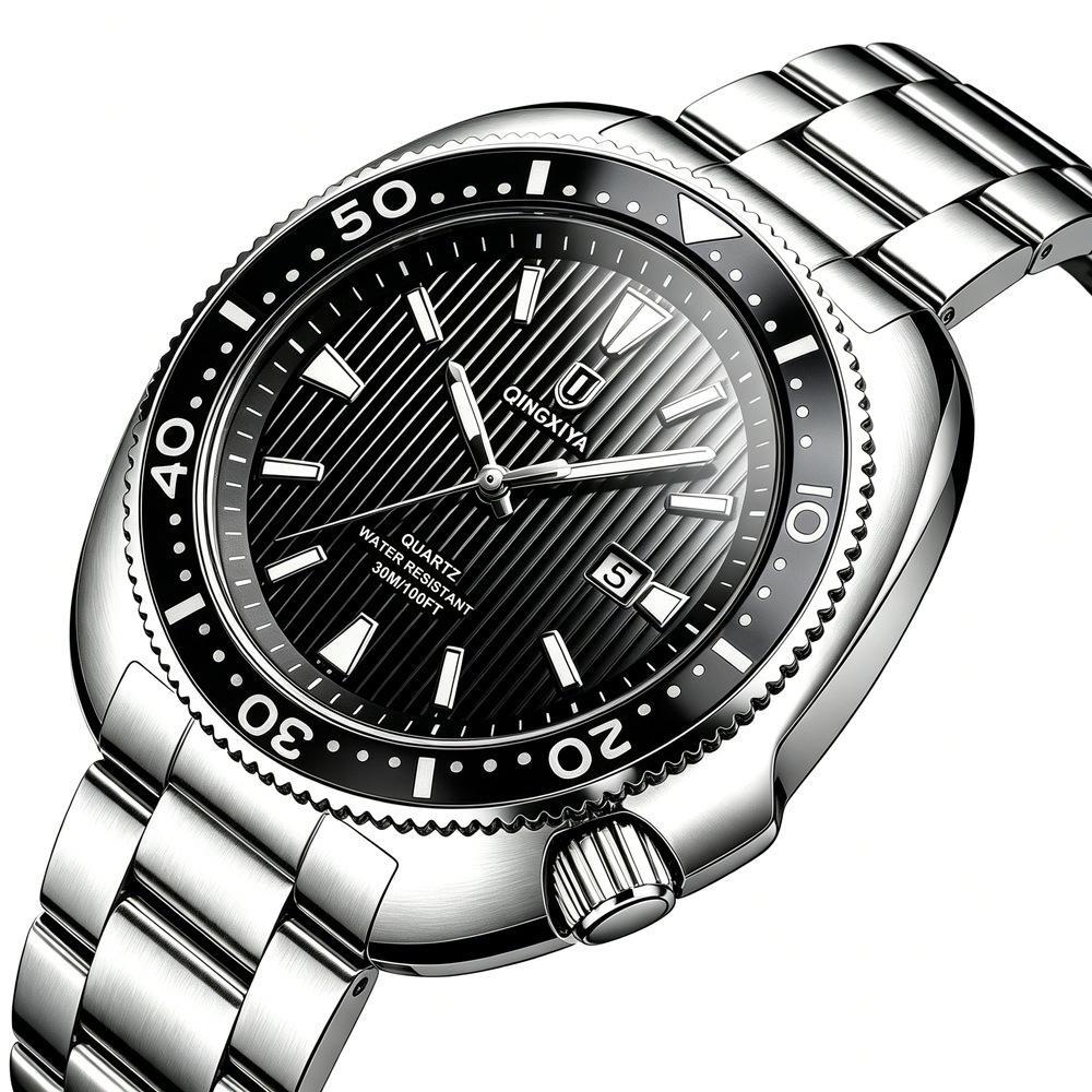 Business Mens Analog Watches Wateproof Diving Watch Luminous Dial Steel Band Daily Calendar Quartz Watch