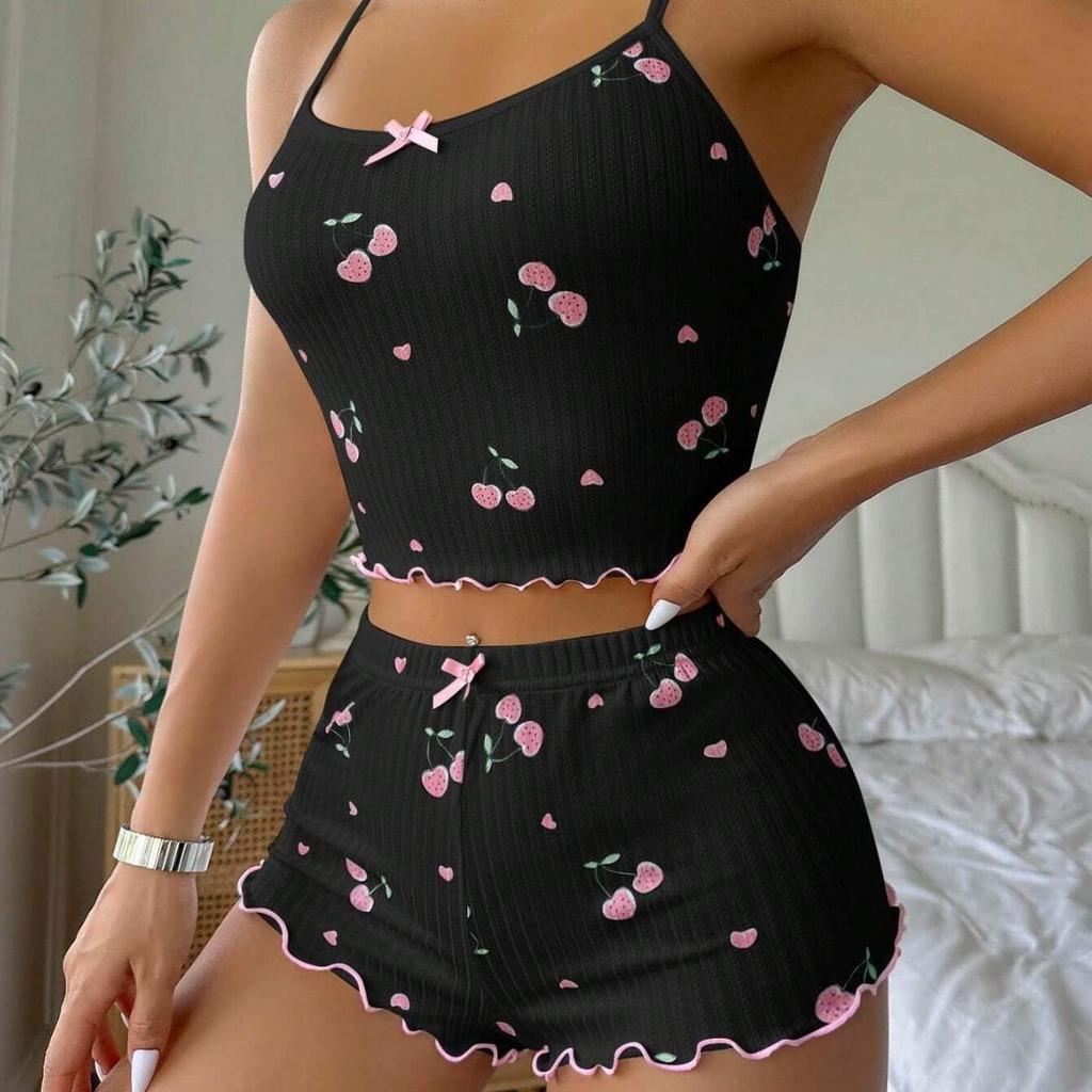 Cherry Print Bowknot Camisole & Shorts Set - Ribbed, Slim Fit Homewear