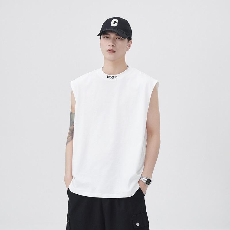 Updated Summer Vest Mens High Street Round Neck Embroidered Letters Pure Cotton Comfortable Fit Vest T-shirt