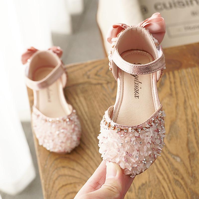 Korean Style Rhinestone Princess Half Sandals, Soft Sole Kids Girls Leather Shoes Spring Summer 21 розовый