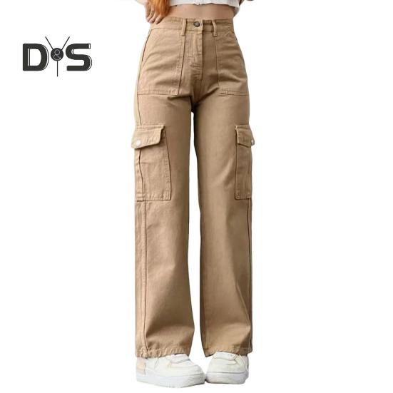 Women Cargo Pants Mid-rise Button Zipper Waist Casual Trousers with Multi Pockets Straight Leg Loose Fit Solid Color Long Pants