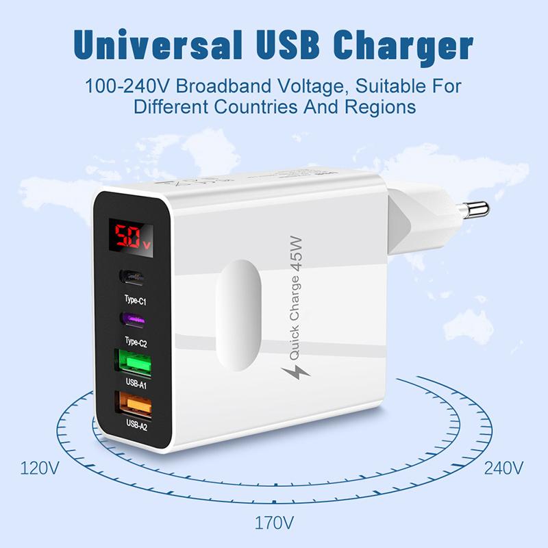 45W PD USB Fast Charging Type C 4 Ports Quick Charger 3.0 For IPhone 14 13 Pro Xiaomi Samsung Oneplus Cell Phone Wall Adapter