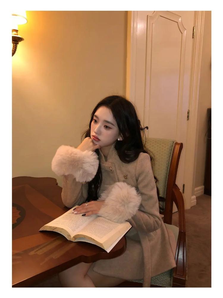 2025 Winter Französisch Vintage Elegant Wollmantel Frau Schwarz Schick Schal Umhang + Retro Locker Trenchcoat Damen Bandage Korea Modedesign Outfits