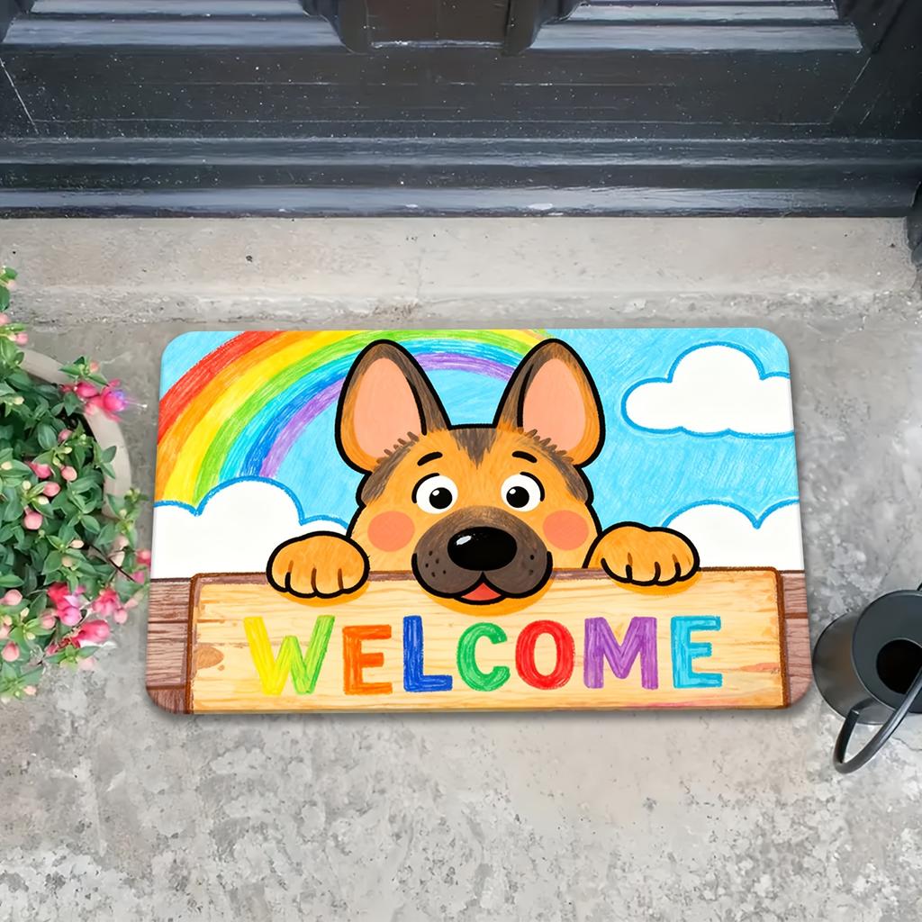 Cartoon Canine Illustration Doormat Sky Blue White Rainbow Polyester Hand Wash Only 80x50cm Decorative Use