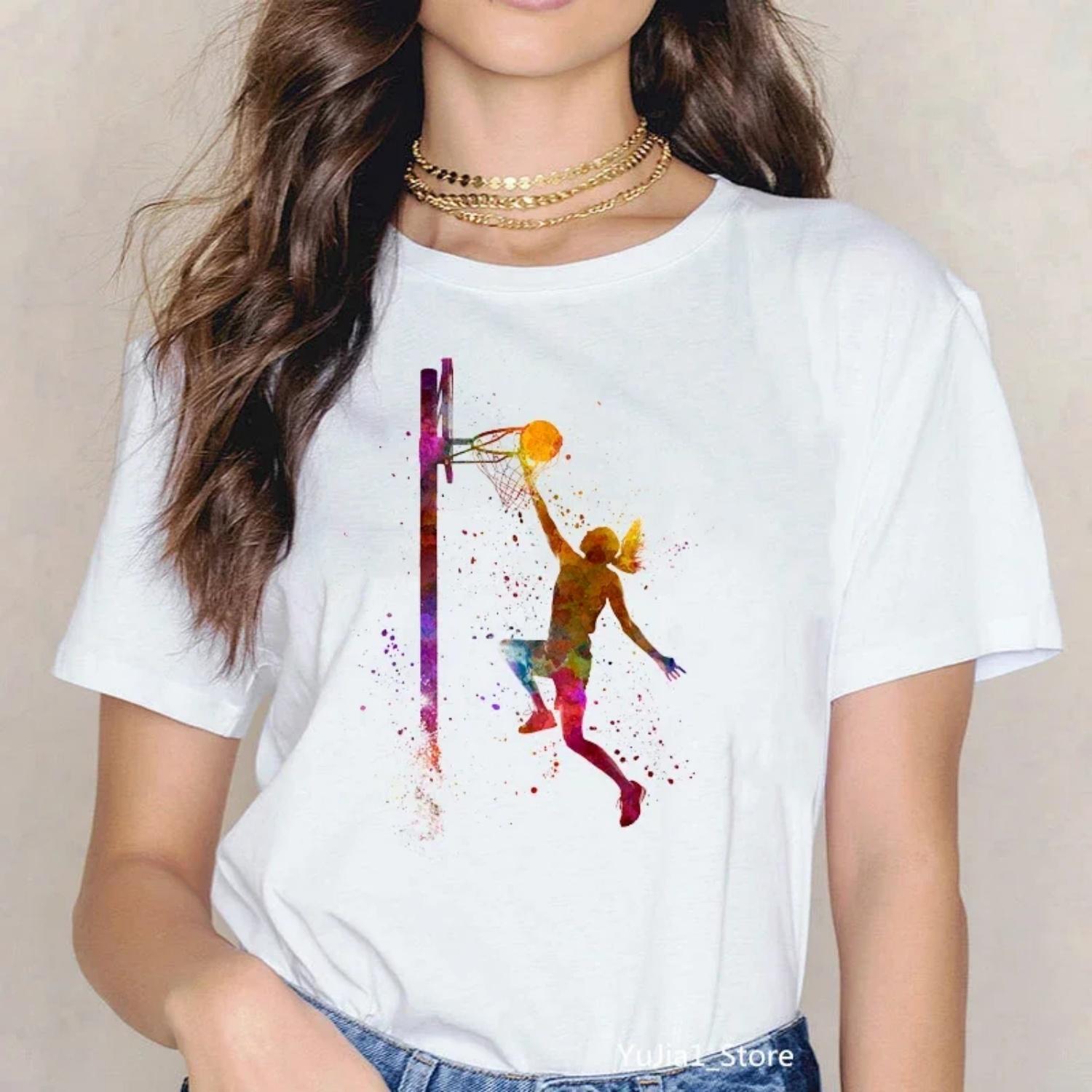 

Summer 2024 Watercolor Basketball Girl Art Print Tee Shirt Femme 90s Sports Camisatas Mujer Tees Harajuku Kawaii Tops T-Shirts S белый