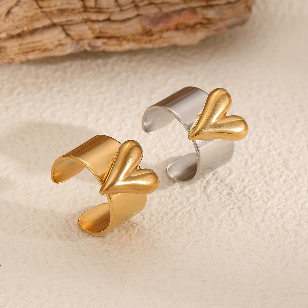 New Fashion 18K Gold Copper Color Metal Texture Heart Stainless Steel Open Rings Waterproof Accessories Jewelry