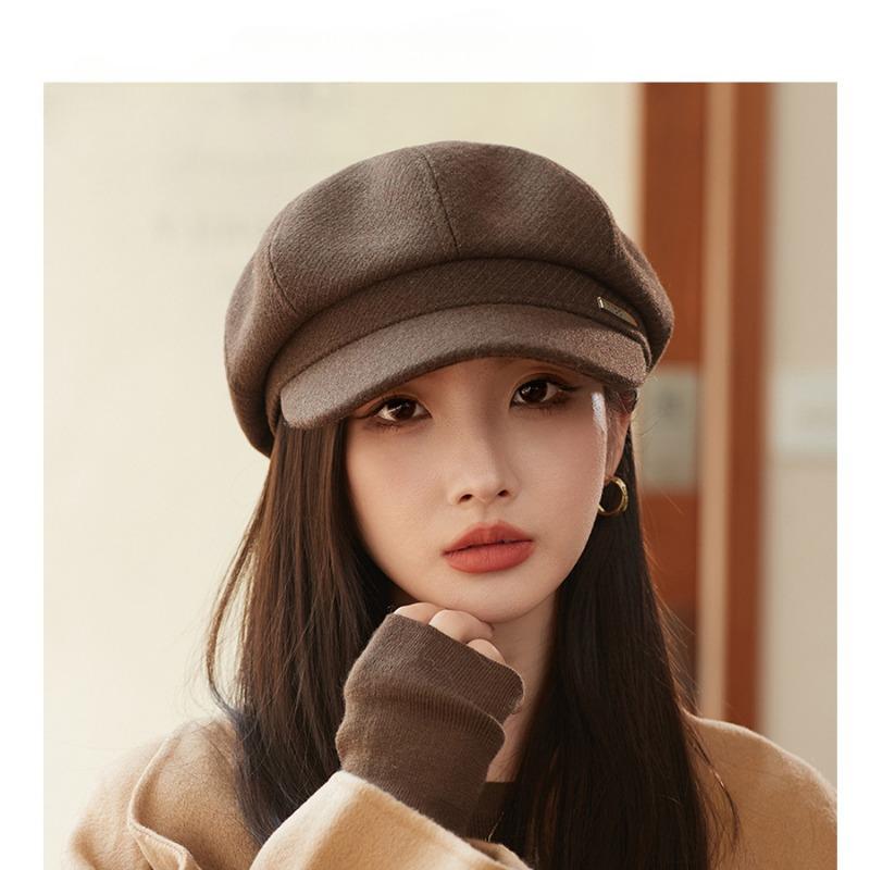 Elegant Autumn Winter Temperament Thick Woolen Octagonal Hat for Women Korean Luxury Light Luxury Simple Beret