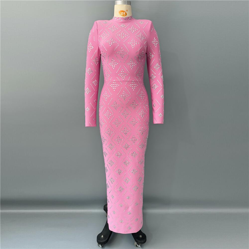 

Elegant Western Retro Bandage Dress - Long Sleeve Evening Gown with Hot Drill Detailing Extra Large розовый