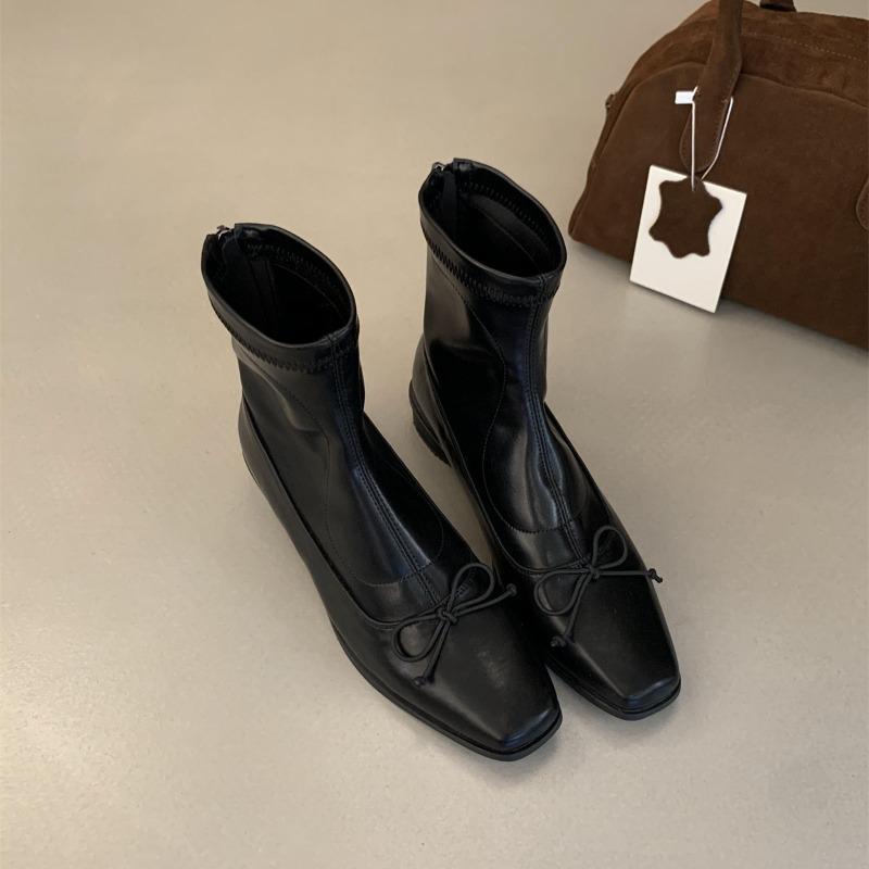 Leather Women's High-heeled Boots Fashionable Bow Back Zipper Square Toe Mid-calf Temperament Women Boots for Autumn