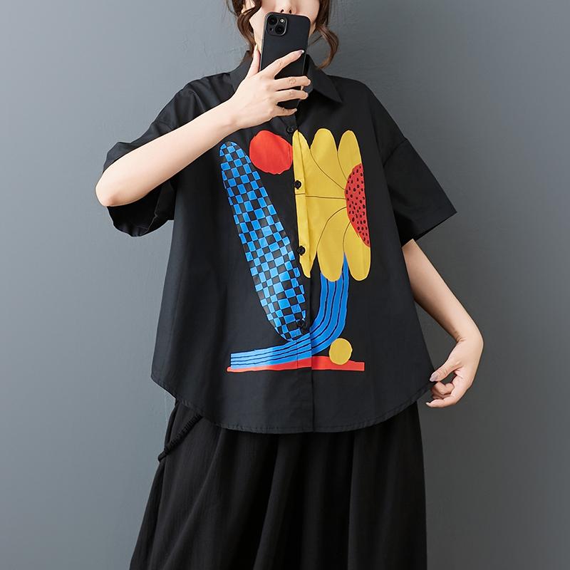 

DIMANAF 2026 Plus Size New Summer Blouse Shirt Print Short Sleeve Casual Women Loose Tops Shirts Cotton One Size чорний