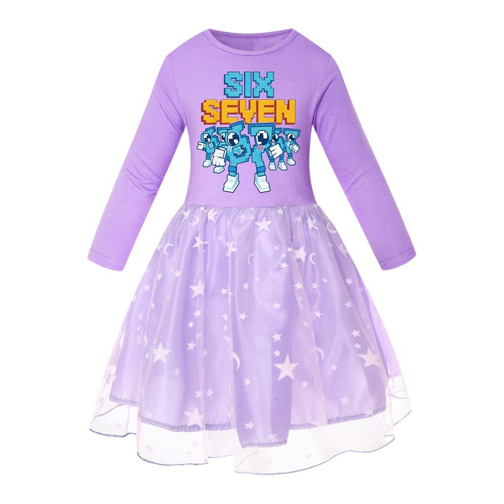 5195 Kids Girls Steal a Brainrot 67 Six Seven Print Mesh Rainbow Round Neck Casual Casual Cotton Dress