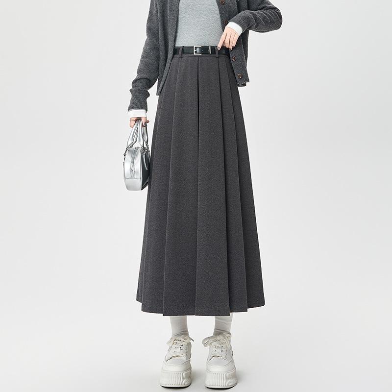 Women's 2024 High-Waisted Wool Pleated Midi Skirt – Autumn/Winter Slimming A-Line