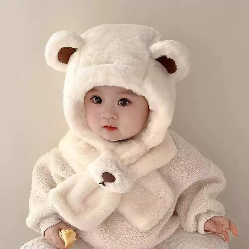 Winter Thickened Bear Integrated Baby Hat Anti-wind Plush Scarf Set for Boys And Girls Children s Warm Cute Winter Accessories белый