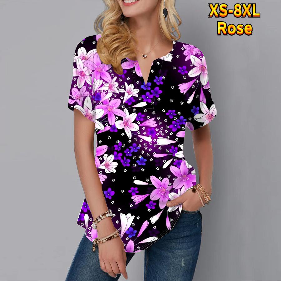 

Женская летняя футболка с розовым цветочным принтом, футболки с короткими рукавами, повседневные топы, маленький v-образный вырез с короткими рукавами XL ярко-розовый