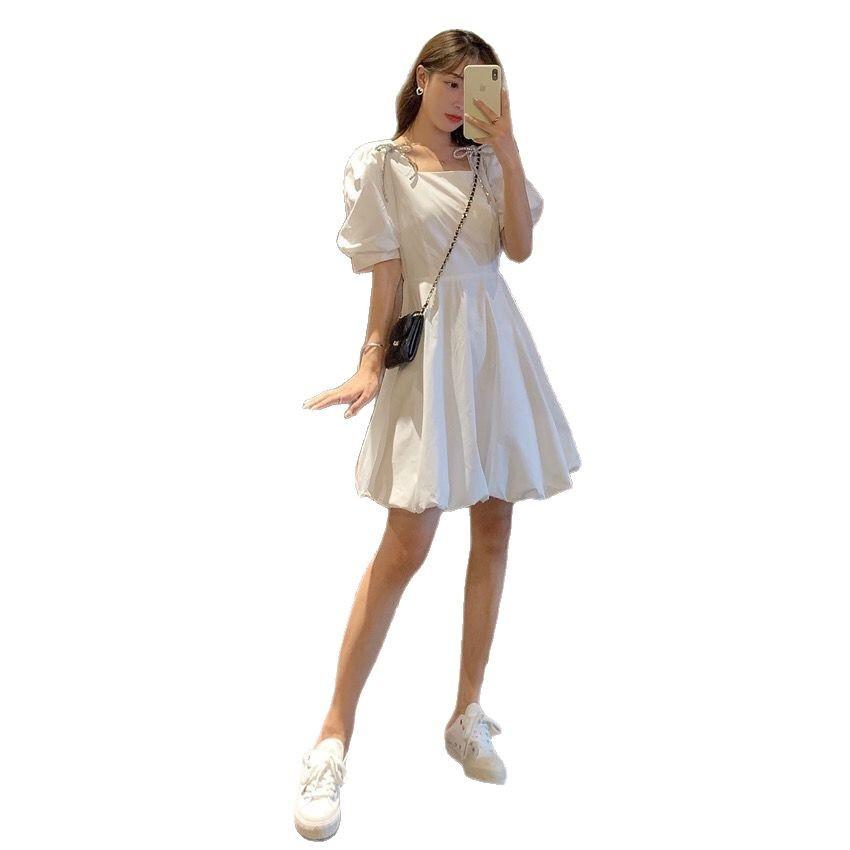 French Temperament Bubble Sleeve Dress Women's Summer Niche Design Sense Waist Thin Medium and Long Skirt